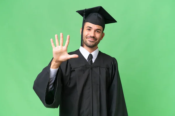 Jovem Universitário Graduado Homem Sobre Isolado Fundo Contando Cinco Com — Fotografia de Stock