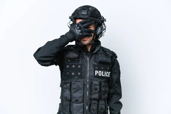 Young Caucasian Swat Man Isolated White Background Covering Eyes Hands — Stock Photo, Image