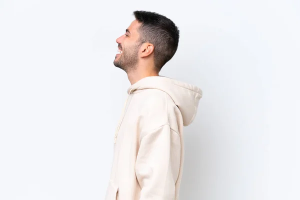 Jonge Blanke Man Geïsoleerd Witte Achtergrond Lachen Laterale Positie — Stockfoto