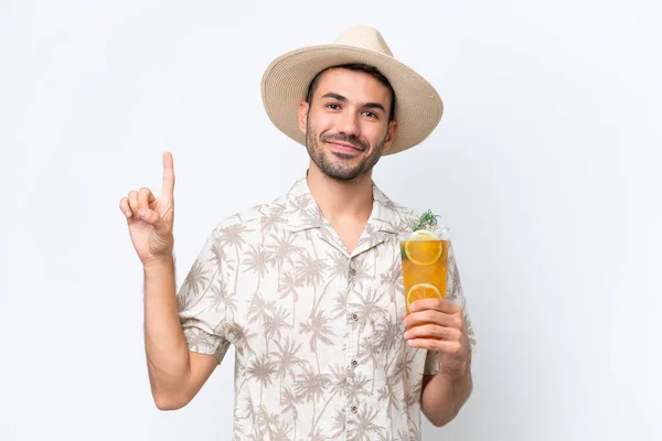 Young Caucasian Man Holding Cocktail Isolated White Background Showing Lifting — Stock Photo, Image