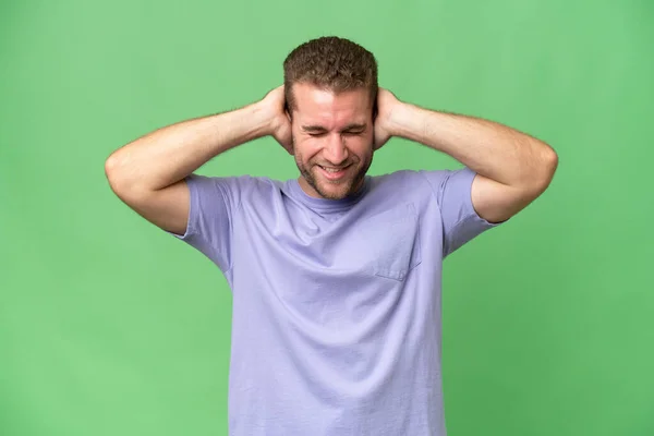 Young Handsome Caucasian Man Isolated Green Chroma Background Frustrated Covering — Stock Photo, Image