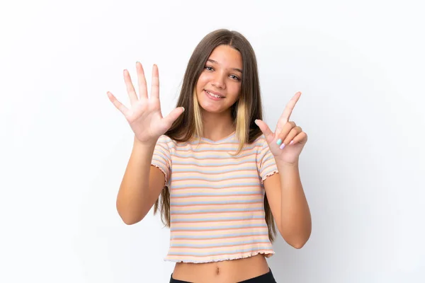 Little Caucasian Girl Isolated White Background Counting Seven Fingers — Stock Photo, Image