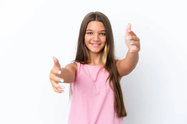 Little Caucasian Girl Isolated White Background Presenting Inviting Come Hand — Stock Photo, Image