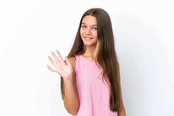 Menina Caucasiana Pouco Isolado Fundo Branco Saudando Com Mão Com — Fotografia de Stock