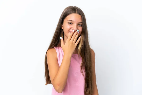 Little Caucasian Girl Isolated White Background Happy Smiling Covering Mouth — Stock Photo, Image