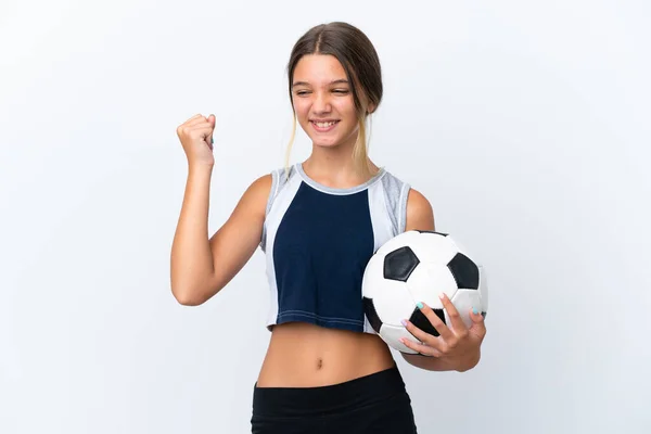 Kleines Kaukasisches Mädchen Spielt Fußball Isoliert Auf Weißem Hintergrund Und — Stockfoto