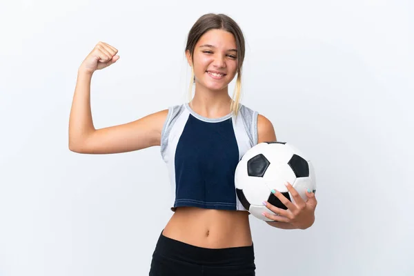 Little Caucasian Girl Playing Football Isolated White Background Doing Strong — Stock Photo, Image