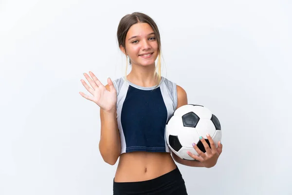 Kleines Kaukasisches Mädchen Das Isoliert Auf Weißem Hintergrund Fußball Spielt — Stockfoto