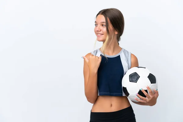 Little Caucasian Girl Playing Football Isolated White Background Pointing Side — Stock Photo, Image