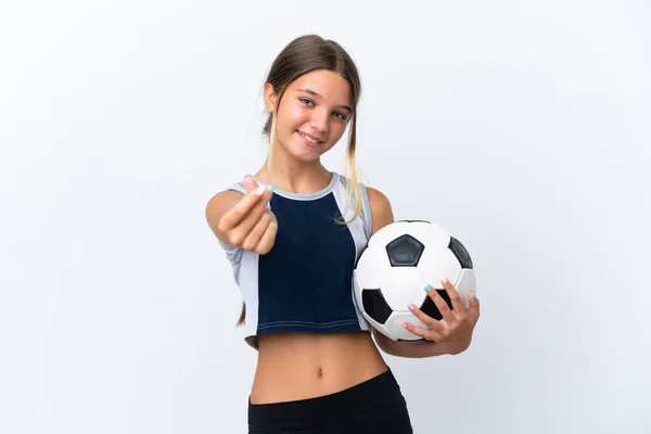 Menina Caucasiana Jogar Futebol Isolado Fundo Branco Fazendo Gesto Dinheiro — Fotografia de Stock