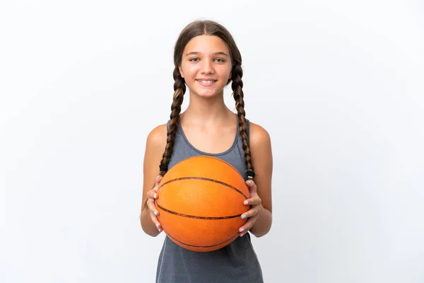 Mały Kaukaski Dziewczyna Odizolowany Biały Tło Gra Koszykówkę — Zdjęcie stockowe