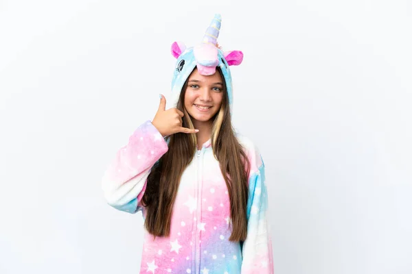 Niña Caucásica Con Pijama Unicornio Aislado Sobre Fondo Blanco Haciendo —  Fotos de Stock