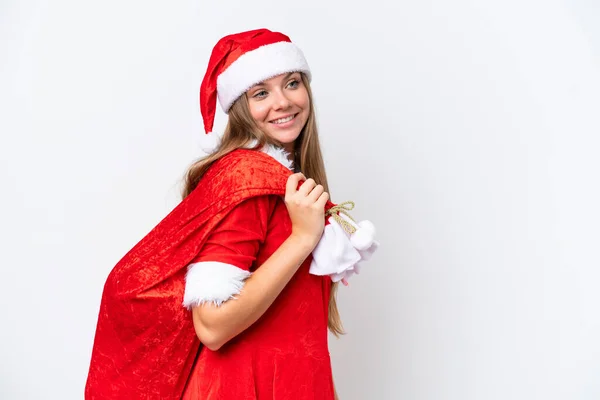 Jeune Femme Caucasienne Habillée Comme Maman Noel Tenant Sac Noël — Photo