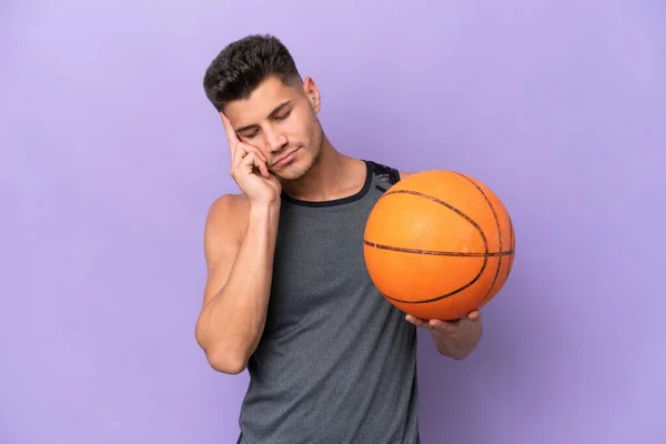 Young Caucasian Woman Basketball Player Man Isolated Purple Background Headache — Stock Photo, Image