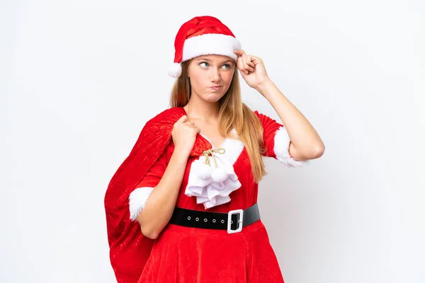 Young Caucasian Woman Dressed Mama Noel Holding Christmas Sack Isolated — Stock Photo, Image