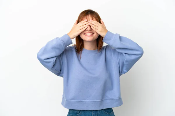 Redhead Girl Isolated White Background Covering Eyes Hands Smiling — Stok fotoğraf