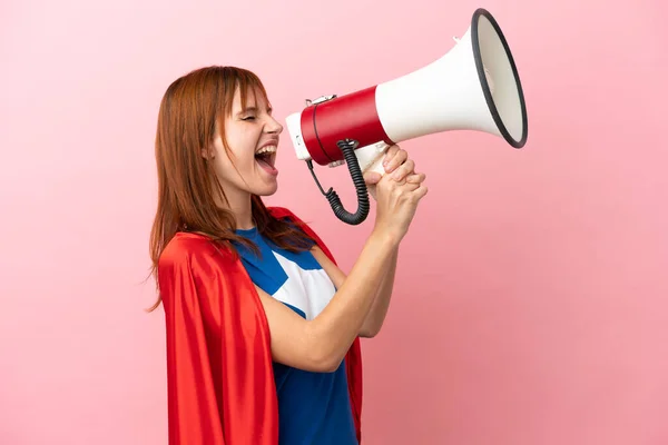 Super Hero Redhead Girl Isolated Pink Background Shouting Megaphone — Stock Photo, Image
