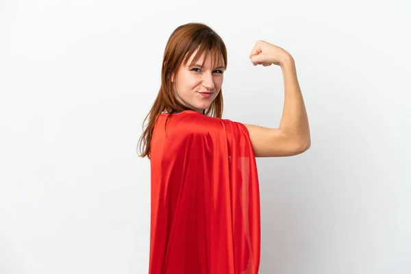 Redhead Girl Isolated White Background Superhero Costume Doing Strong Gesture — Stockfoto
