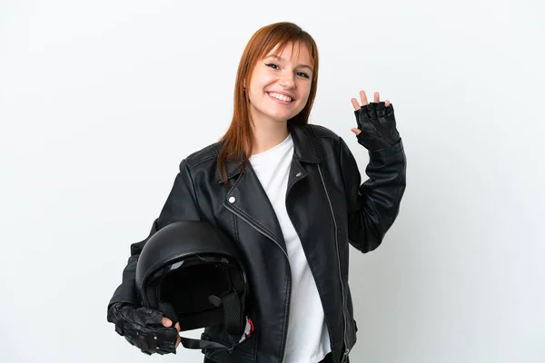 Руда Дівчина Мотоциклетним Шоломом Ізольована Білому Фоні Сальто Рукою Щасливим — стокове фото