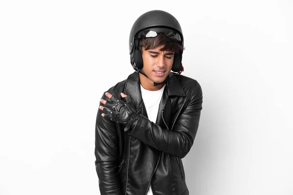 Hombre Joven Con Casco Moto Aislado Sobre Fondo Blanco Que — Foto de Stock