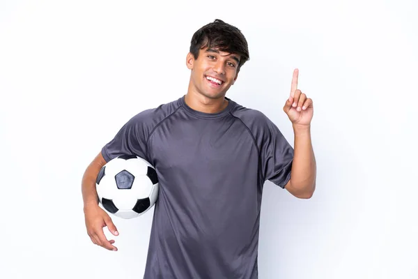Knappe Jonge Football Speler Man Geïsoleerd Witte Achtergrond Wijzend Een — Stockfoto
