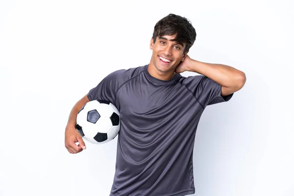 Όμορφος Νεαρός Ποδοσφαιριστής Απομονωμένος Λευκό Φόντο Γελώντας — Φωτογραφία Αρχείου