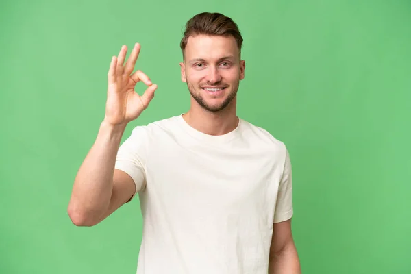 Mladý Blondýny Kavkazský Muž Přes Izolované Pozadí Ukazující Znamení Prsty — Stock fotografie