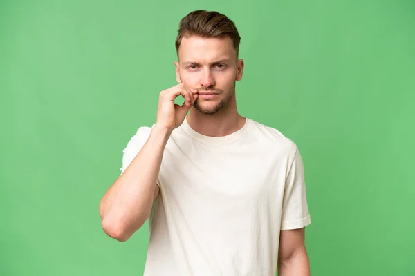 stock image Young blonde caucasian man over isolated background showing a sign of silence gesture