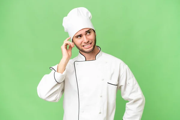 Jonge Knappe Chef Kok Man Geïsoleerde Achtergrond Met Twijfels Met — Stockfoto