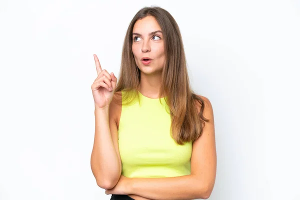 Young Caucasian Woman Isolated White Background Thinking Idea Pointing Finger — Stock Photo, Image