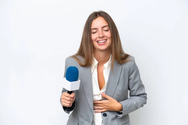 Joven Presentadora Televisión Mujer Caucásica Aislada Sobre Fondo Blanco Sonriendo —  Fotos de Stock