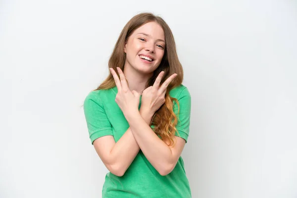 Joven Mujer Bonita Aislada Sobre Fondo Blanco Sonriendo Mostrando Signo —  Fotos de Stock
