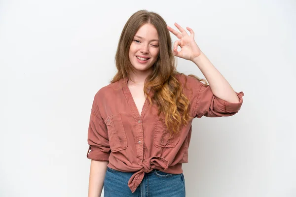 Молода Красива Жінка Ізольована Білому Тлі Показуючи Знак Пальцями — стокове фото