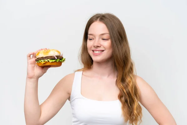 Young Pretty Woman Holding Burger Isolated White Background Happy Expression — Stock Photo, Image