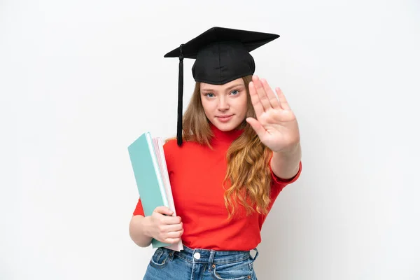 Young University Graduate Woman Isolated White Background Making Stop Gesture — Foto de Stock