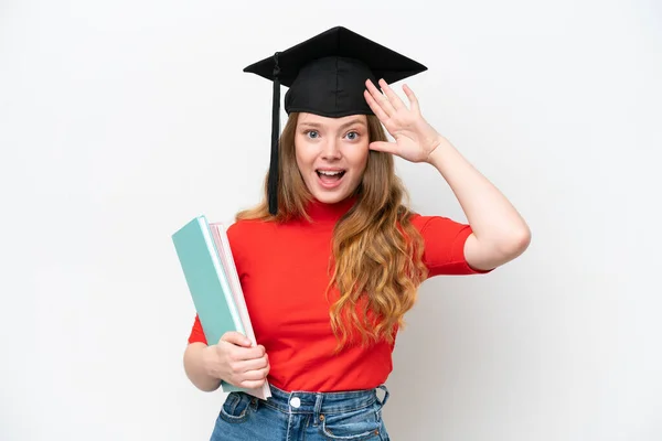 Fiatal Egyetemi Diplomás Elszigetelt Fehér Háttérrel Meglepetés Kifejezés — Stock Fotó