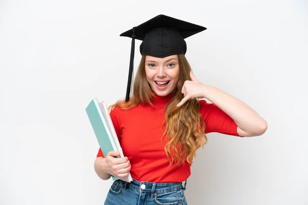 Young University Graduate Woman Isolated White Background Making Phone Gesture — стоковое фото