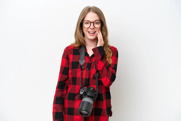Ung Fotograf Vacker Kvinna Isolerad Vit Bakgrund Med Överraskning Och — Stockfoto