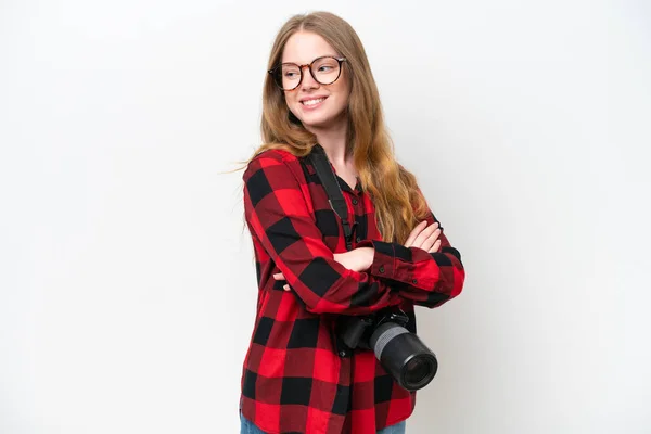 Jeune Photographe Jolie Femme Isolée Sur Fond Blanc Avec Les — Photo