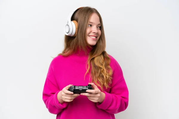 Joven Mujer Bonita Jugando Con Controlador Videojuegos Aislado Sobre Fondo —  Fotos de Stock