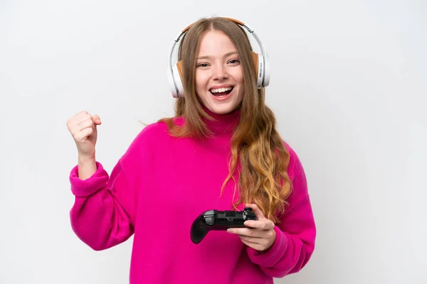 Junge Hübsche Frau Die Mit Einem Videospielcontroller Auf Weißem Hintergrund — Stockfoto