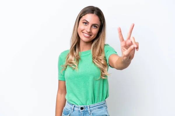 Young Uruguayan Woman Isolated White Background Smiling Showing Victory Sign — Photo