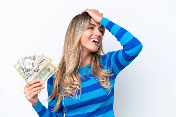 Young Uruguayan Woman Taking Lot Money Isolated White Background Has — Stock Photo, Image