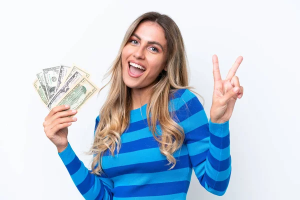 Young Uruguayan Woman Taking Lot Money Isolated White Background Smiling — Stock Photo, Image