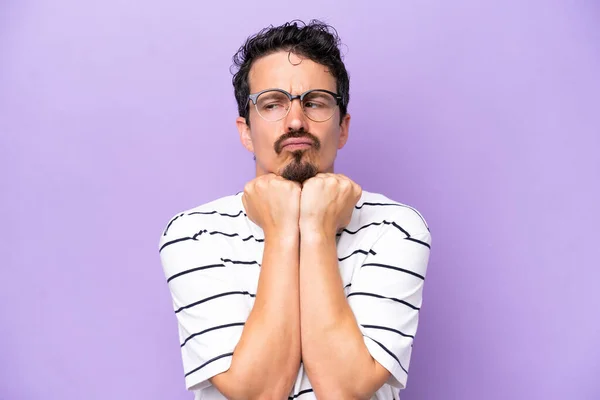 Young Caucasian Man Isolated Purple Background Glasses Tired —  Fotos de Stock