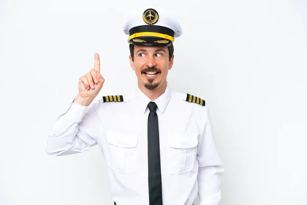 Airplane Caucasian Pilot Isolated White Background Intending Realizes Solution While — Foto Stock