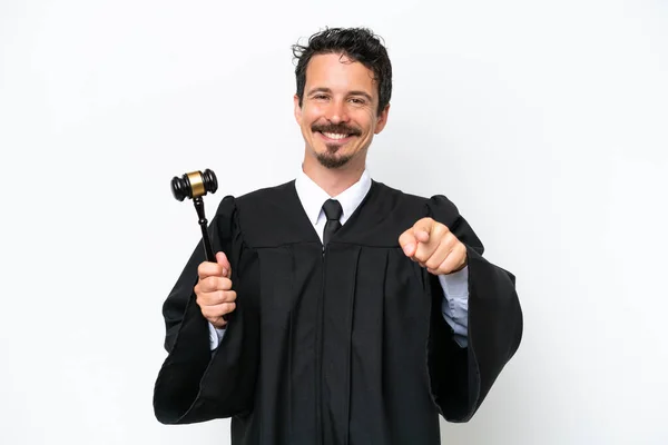 Young Judge Caucasian Man Isolated White Background Pointing Front Happy — Stock Photo, Image