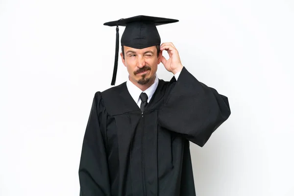 Νεαρός Απόφοιτος Πανεπιστημίου Απομονωμένος Λευκό Φόντο Έχοντας Αμφιβολίες Και Συγκεχυμένη — Φωτογραφία Αρχείου
