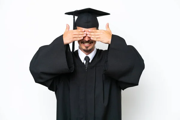 若い大学院生男隔離された白い背景カバー目によって手 — ストック写真