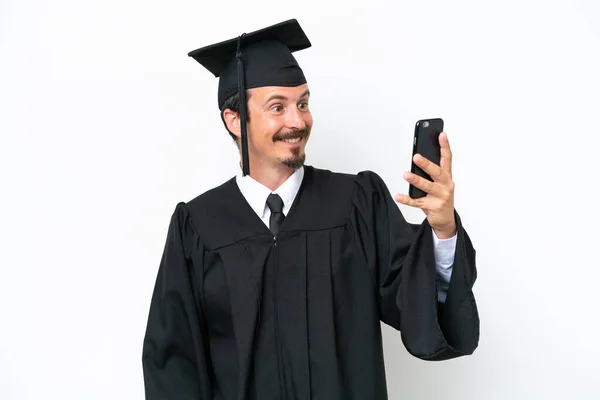 Giovane Laureato Uomo Isolato Sfondo Bianco Facendo Selfie — Foto Stock